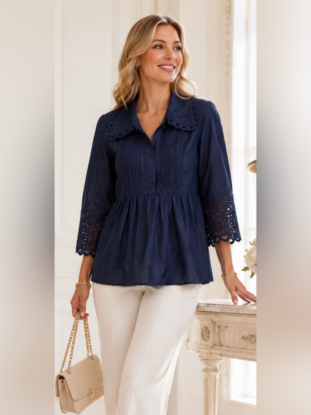 New Magaschoni Navy Eyelet Pintuck Blouse size M viscose + linen size M